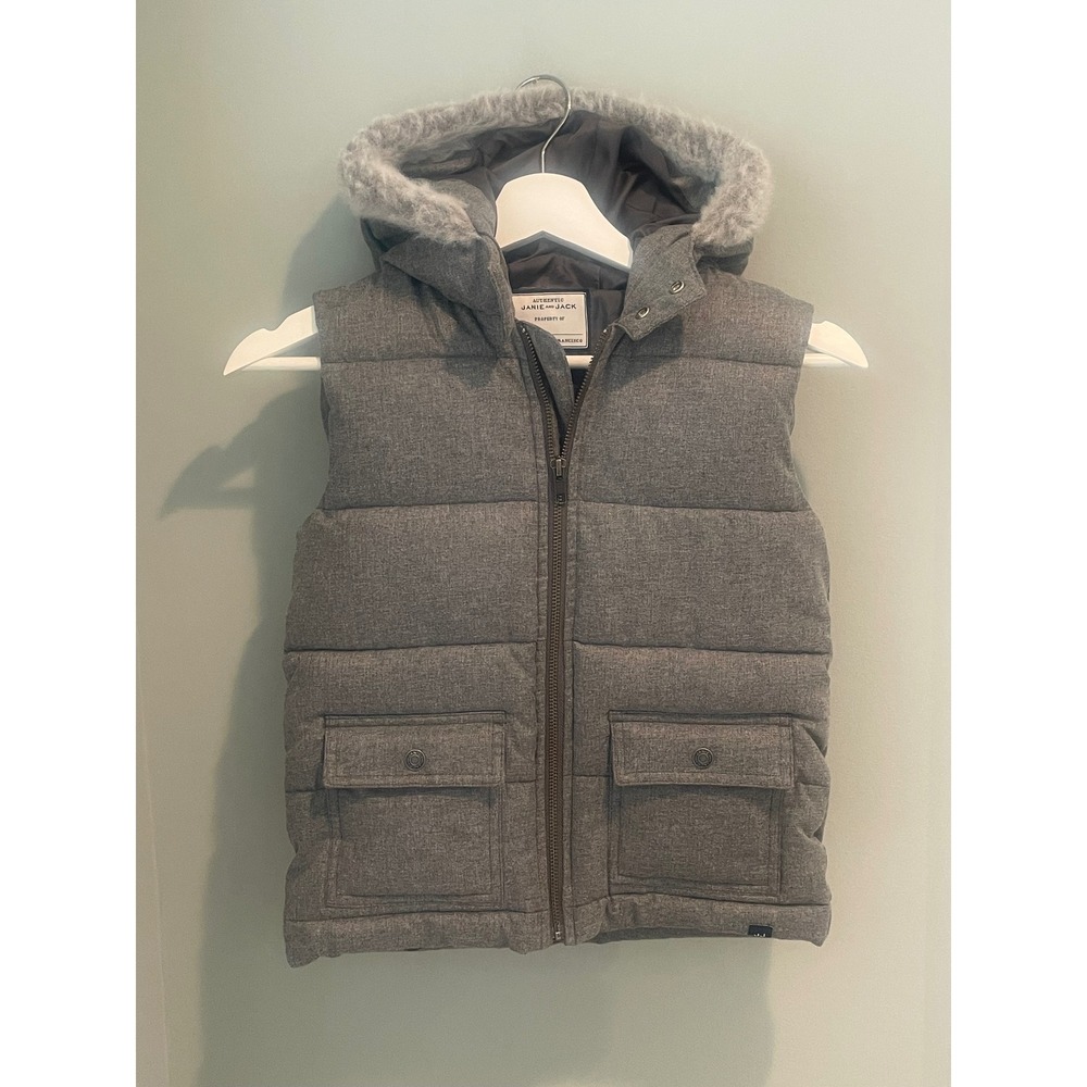 Janie and Jack Kids Grey Hooded Puffer Vest Faux Fur Trim‎ Size 5 to 6